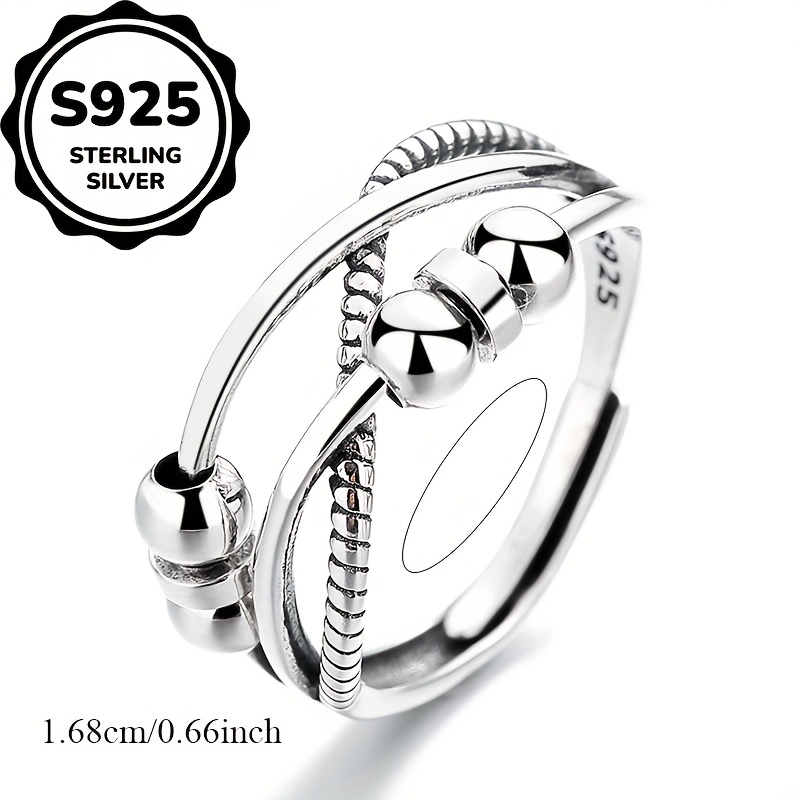 925 Sterling Silver Double Strand Beaded Ring Rotating Pearls Bohemian Style